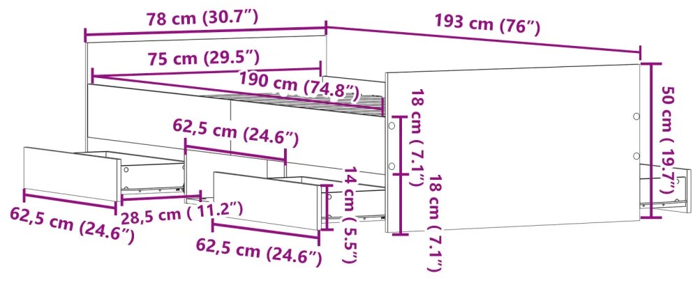 Ágykeret Matrac Nélkül Szerelt Tölgy 75x190 cm Szerelt Fa