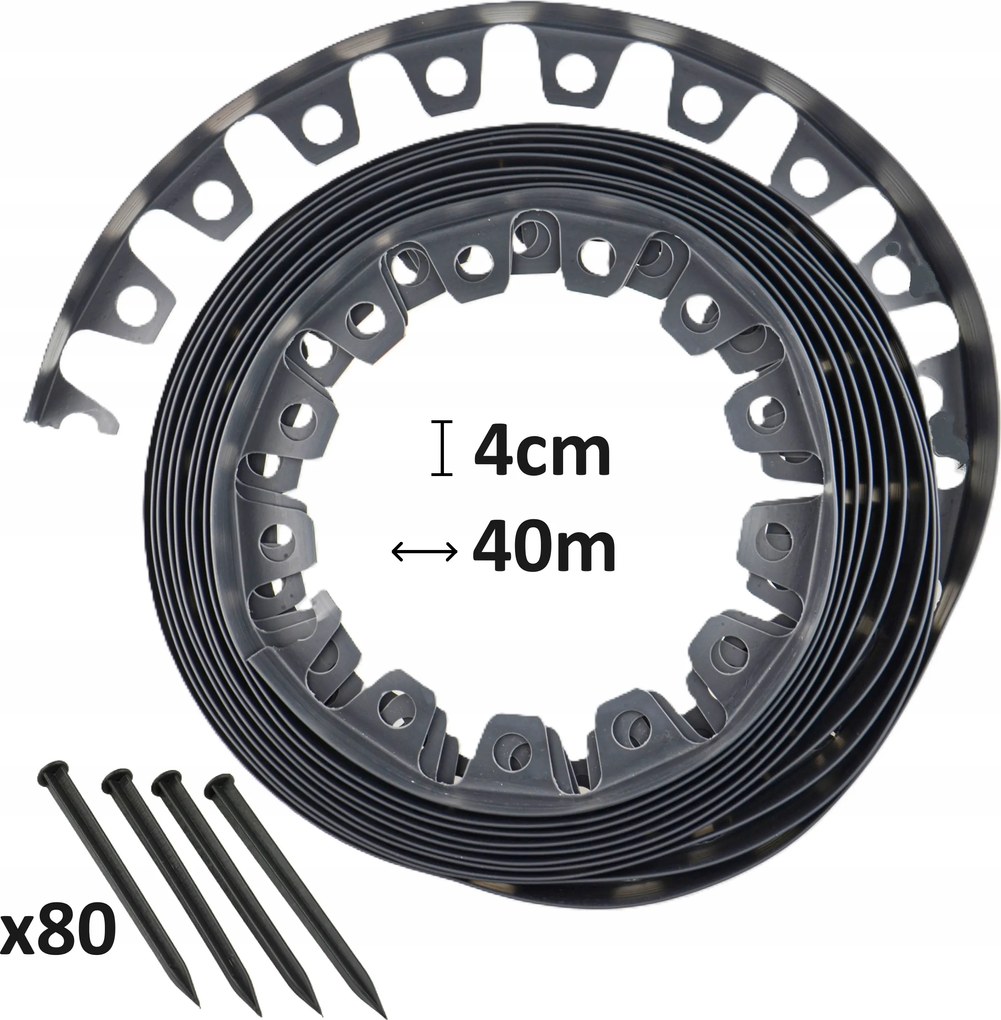 Kerti gyepszegély fekete 4cm 40m rugalmas 80db tipli