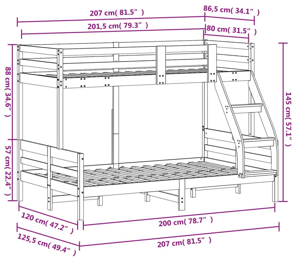viaszbarna tömör fenyőfa emeletes ágy 80 x 200/120 x 200 cm
