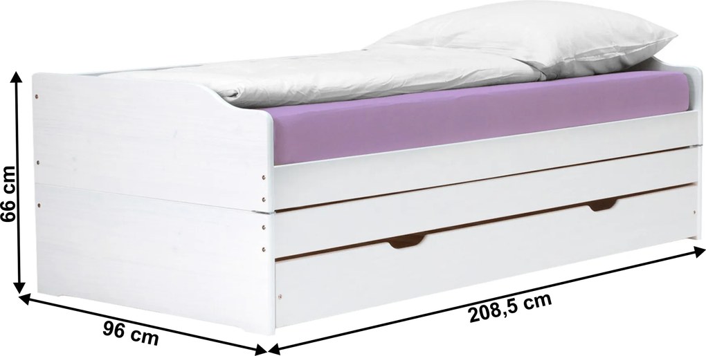 Ágy kihúzható pótágyakkal, fehér, tömörfa, 90x200, FLOPY