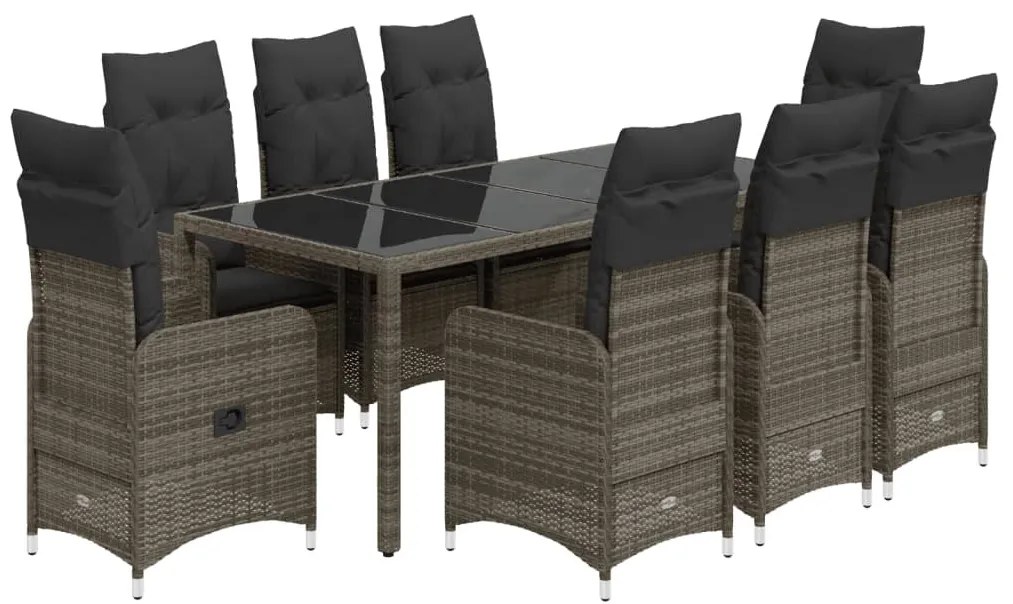 9 részes szürke polyrattan kerti bisztrógarnitúra párnákkal