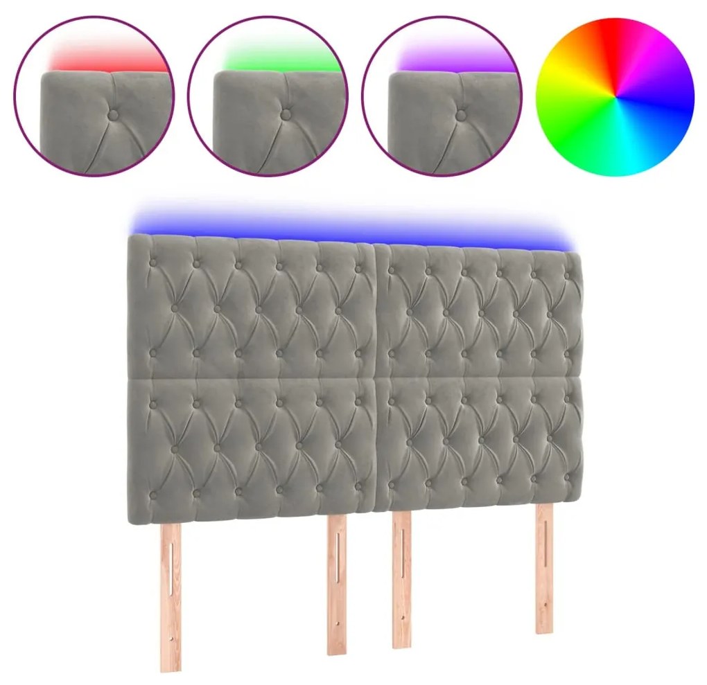 világosszürke bársony LED-es fejtámla 160x7x118/128 cm