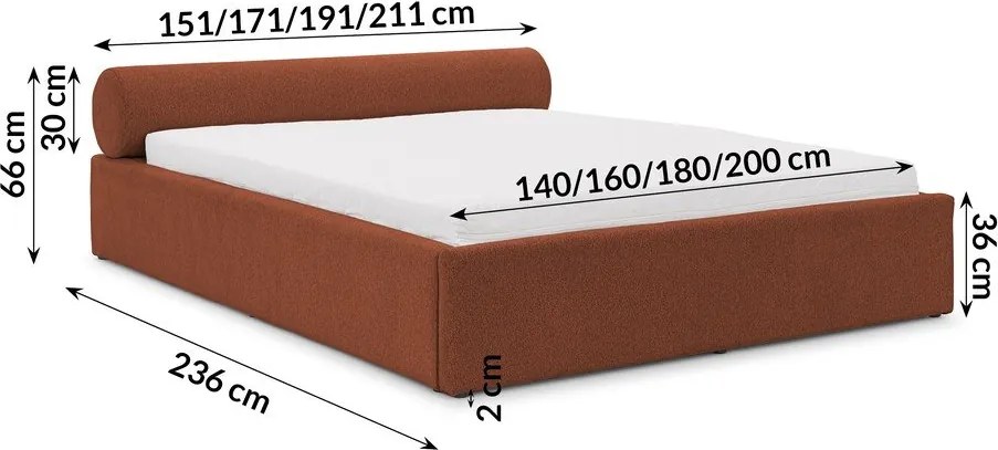 Terrakotta színű kárpitozott ágyneműtartós franciaágy ágyráccsal 200x200 cm Cille – Ropez