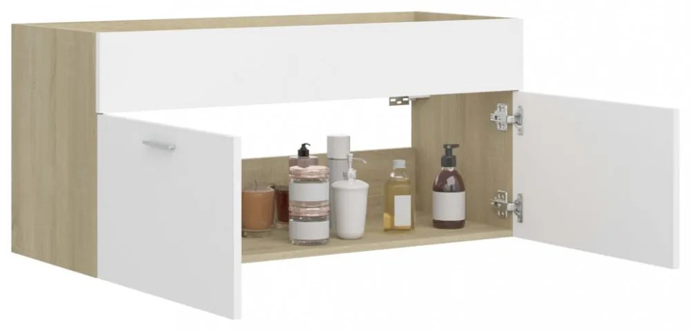 fehér és sonoma tölgy szerelt fa mosdószekrény 100x38,5x46 cm