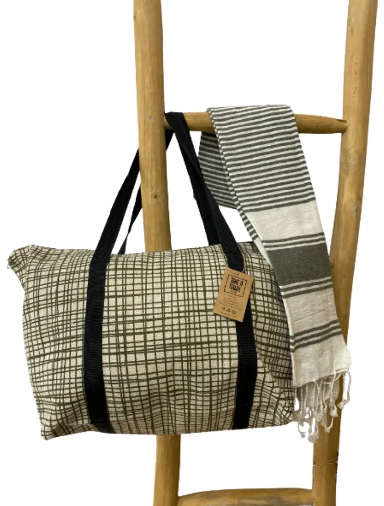 Stílusos szett strandtáska + törölköző HAMAM 75x150 cm, khaki, 100% organikus pamut