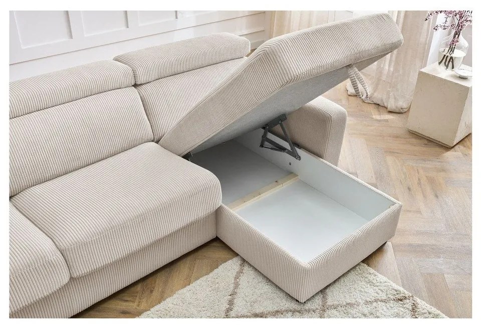 Krémszínű kordbársony kinyitható sarokkanapé (variálható) Monaco – Bobochic Paris
