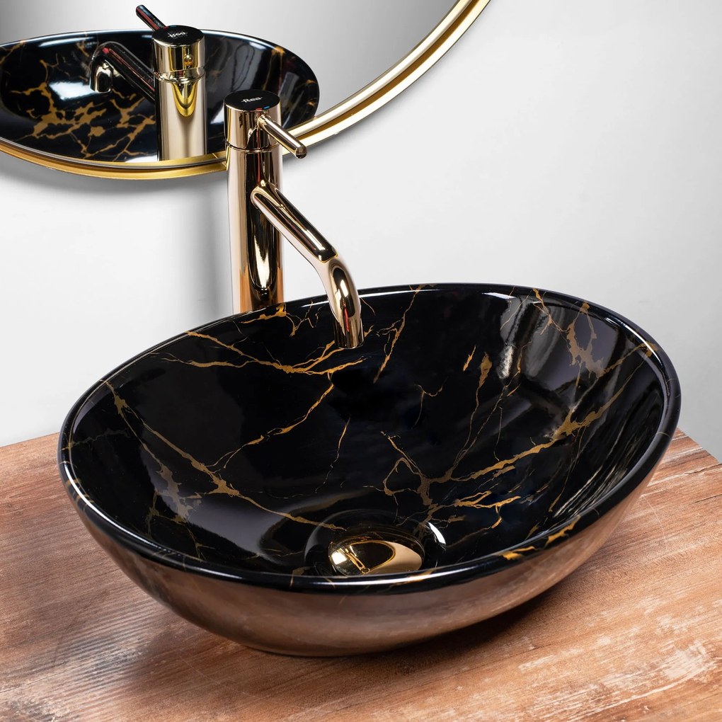 készlet Pultos mosdó Sofia marble black + Fürdőszobai csaptelep Lungo gold + Dugó gold