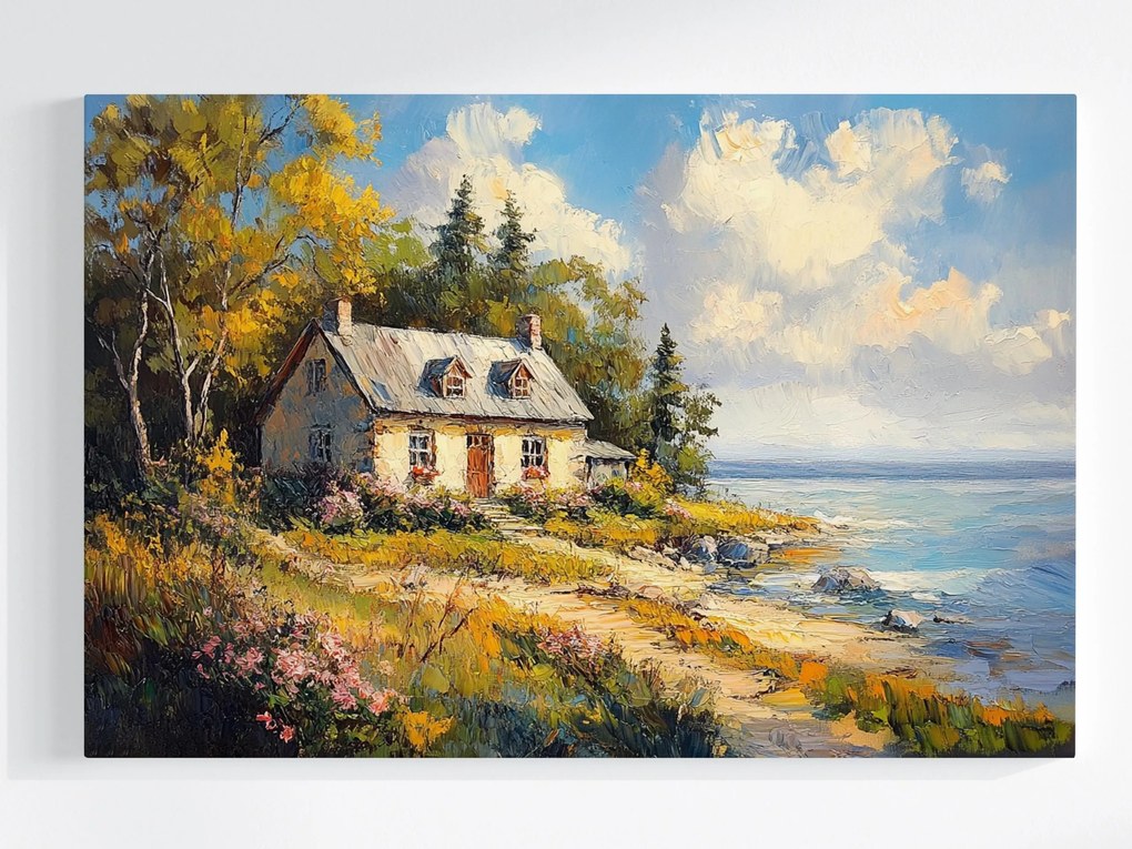 Vászonkép Canvas Tájkép Ház Tengerpart Virágok Hygge 120x80