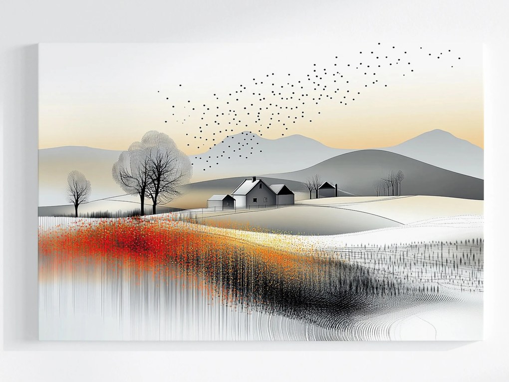 Vászonkép Canvas Tájkép Hegyek Dombok Falu Mezők Virágok Madarak 120x80