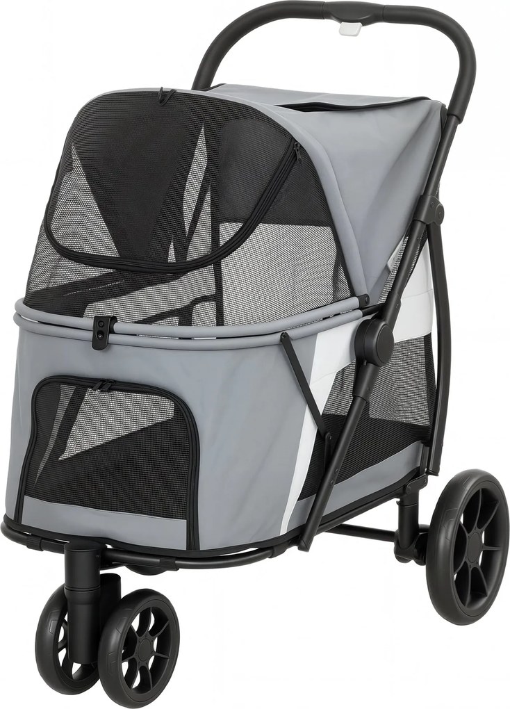 PawHut összecsukható kutyakocsi / kisállat-babakocsi — Akár 20 kg, mosható párna, hálós ablakok, 3 kerék, ajtó, hátsó zseb, szürke | Aosom
