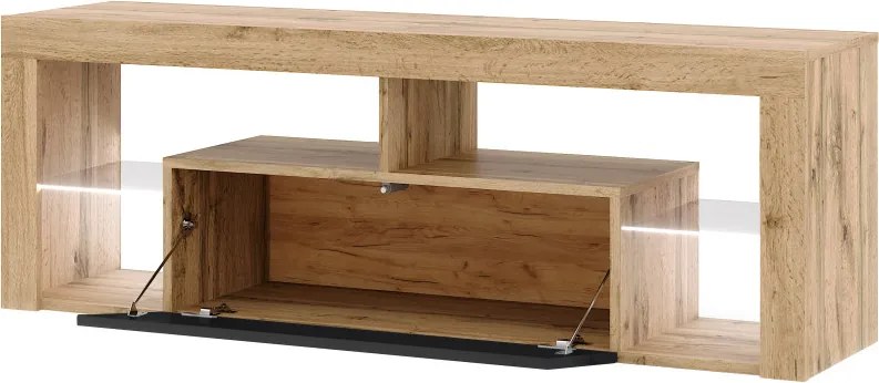 TV-szekrény 140 cm, Wotan tölgy/magasfényű fekete színkombinációban, LED-világítással EVEREST HUGO