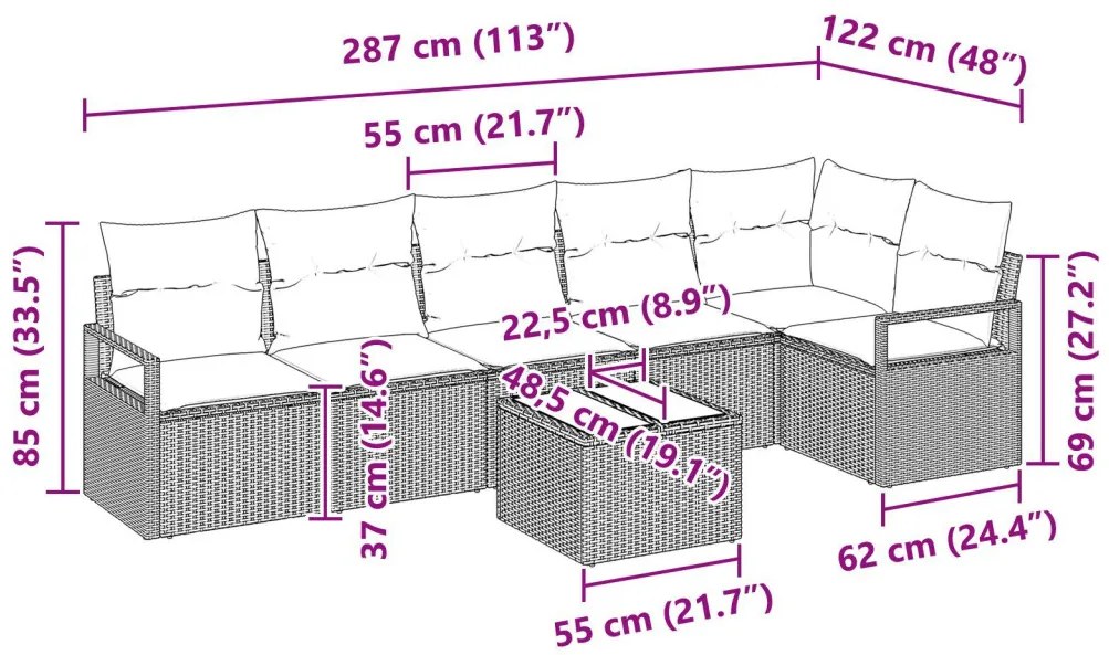 7 darabos kerti kanapékészlet párnákkal barna poli rattan, 2 személyes kerti kanapé párnákkal bézs poli rattan