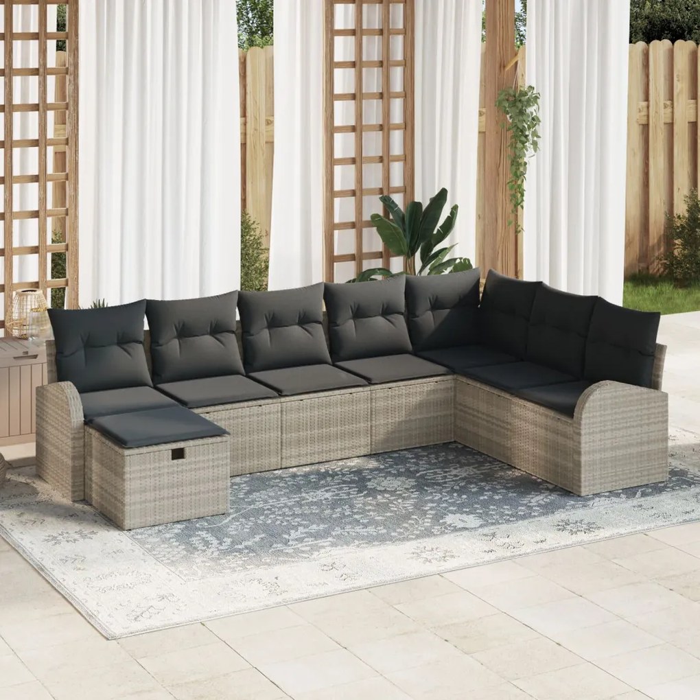 8 Részes Kerti Kanapészett Párnákkal Világos Szürke Poly Rattan