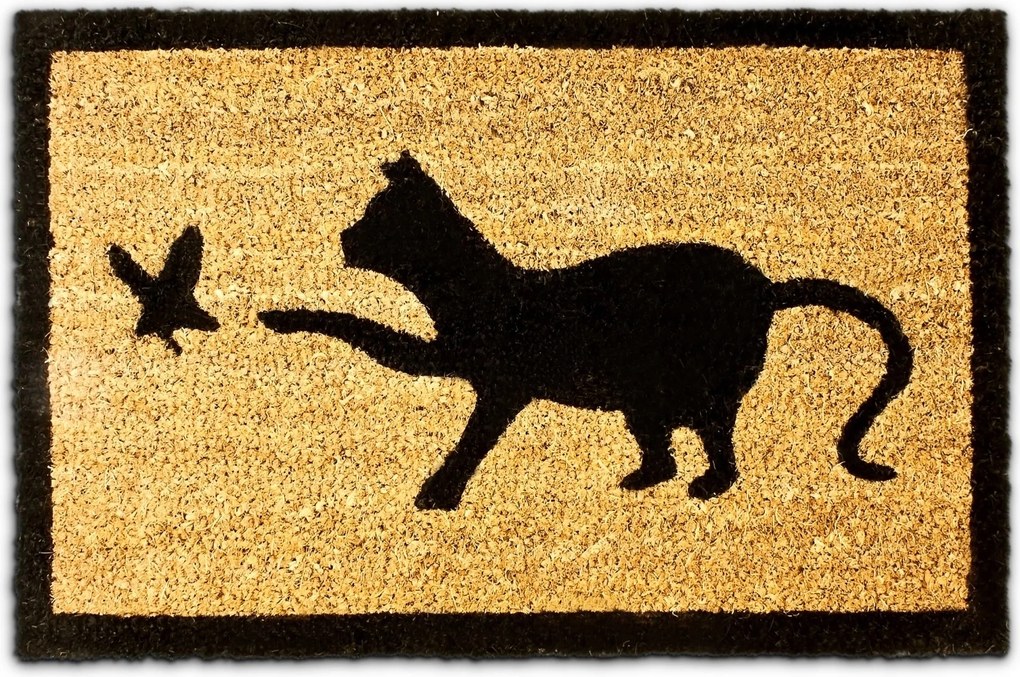 Lábtörlő macska motívummal, 40x60 cm, kókuszszínű, csúszásgátló alátéttel