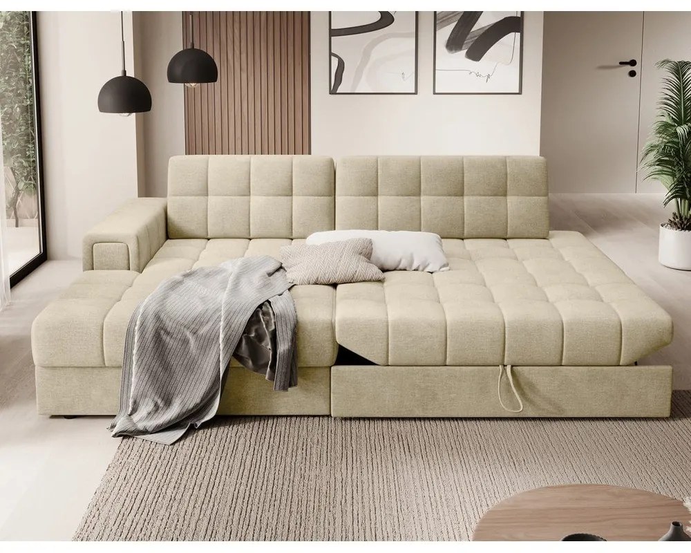 Világosbarna bársony kinyitható sarokkanapé (bal oldali-heverő résszel) Blezalt – ELTAP