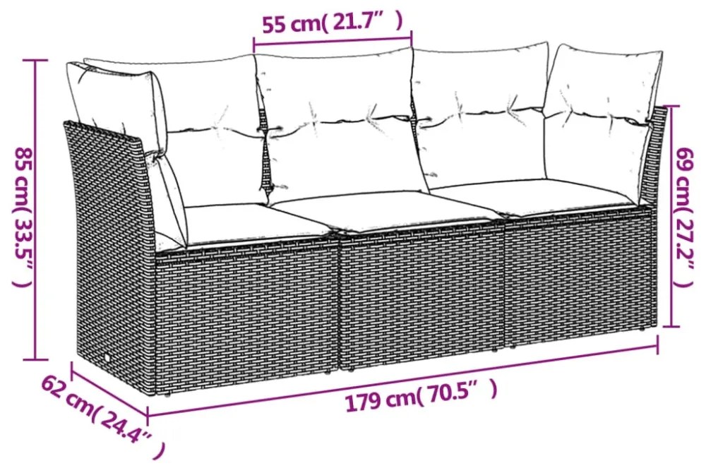 3 részes fekete polyrattan kerti ülőgarnitúra párnával