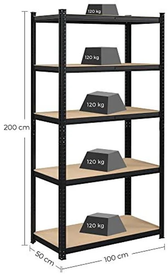 Tároló polcok, nagy teherbírású polcok, 2 darabos készlet, 200 x 100 x 50 cm, maximális terhelés 875 kg, 5 állítható polc, fekete