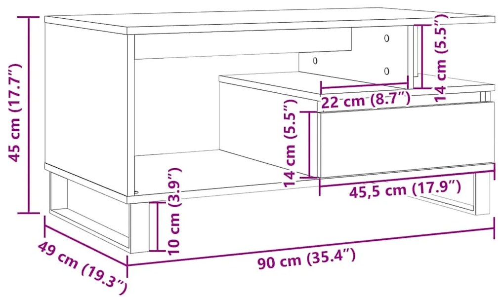 antik fa színű szerelt fa dohányzóasztal 90 x 49 x 45 cm