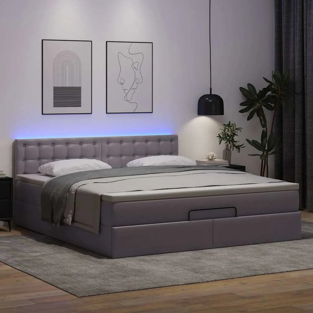 szürke műbőr ottomán ágy matracokkal &amp; LED-ek 160x200cm