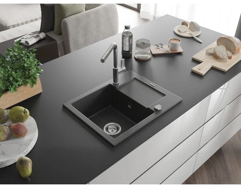 Mexen Enzo, 1 kamrás gránit mosogató 576x465x174 mm és Flora mosogató csaptelep, fekete foltos, 6506-76-670401-00