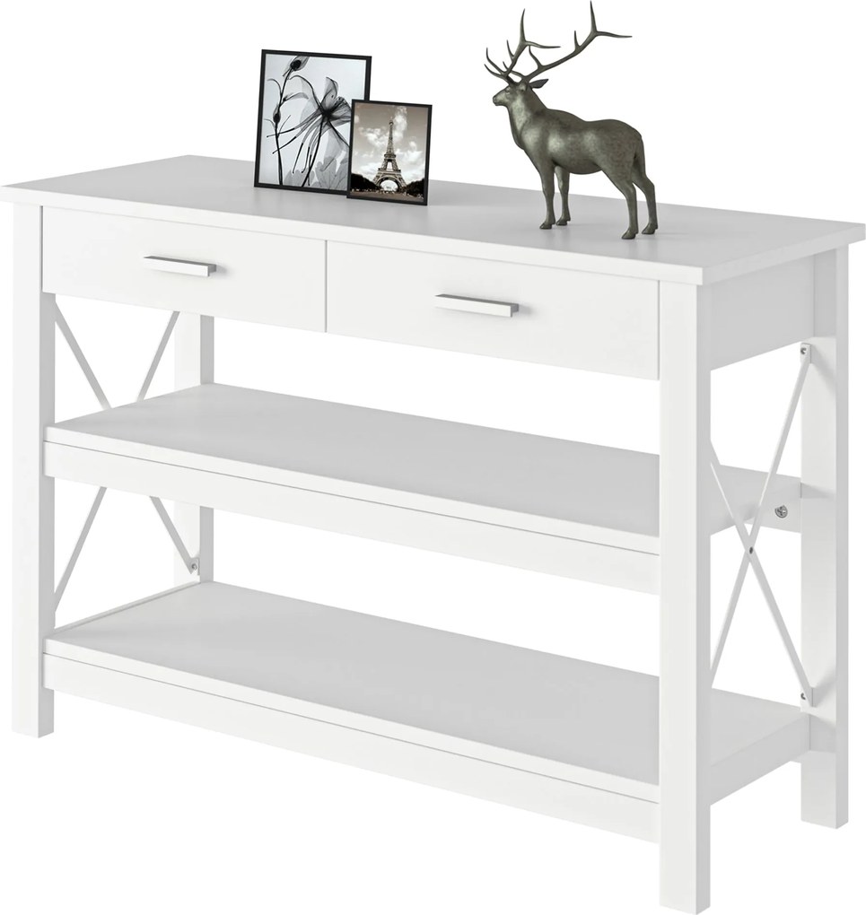 HOMCOM Konzolasztal Előszoba Asztal 2 Fiókkal és Alsó Polcokkal Modern Stílus Fém Keret 105x40x76 cm Fehér | Aosom