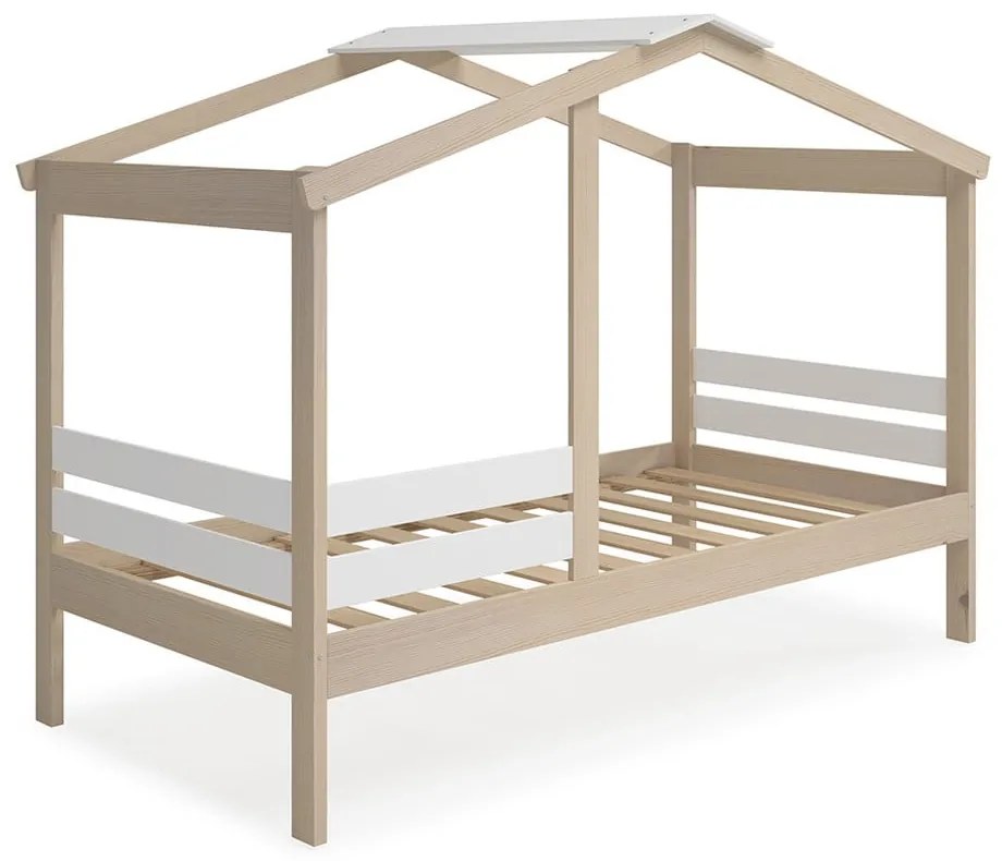 Fehér-natúr színű házikó alakú gyerekágy borovi fenyő dekorral 90x190 cm Angel – Marckeric