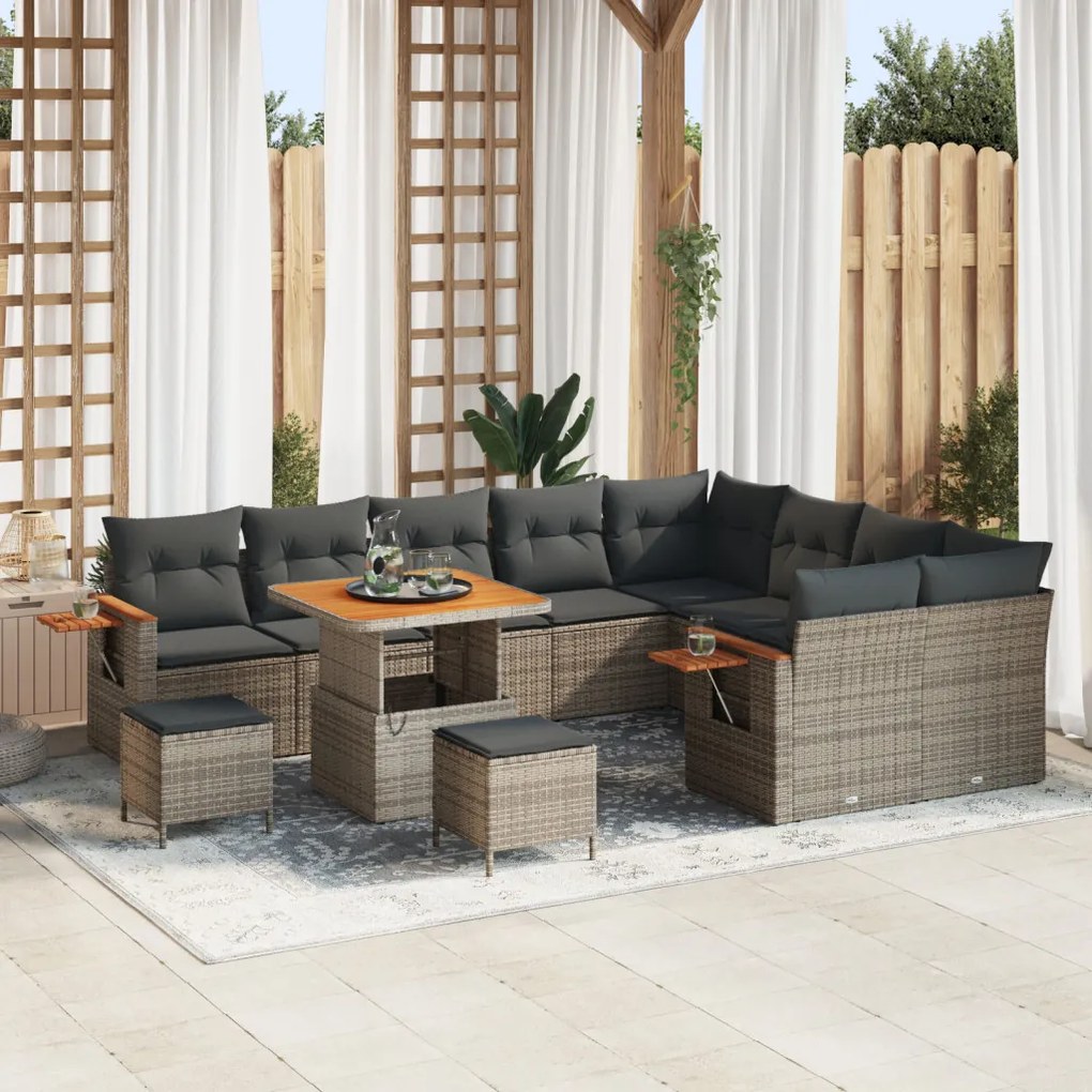 12 Darabos Kerti Szófa Szett Párnákkal Szürke Poly Rattan Akác, 3 Darabos Kerti Étkező Szett Párnákkal Szürke Poly Rattan Akác