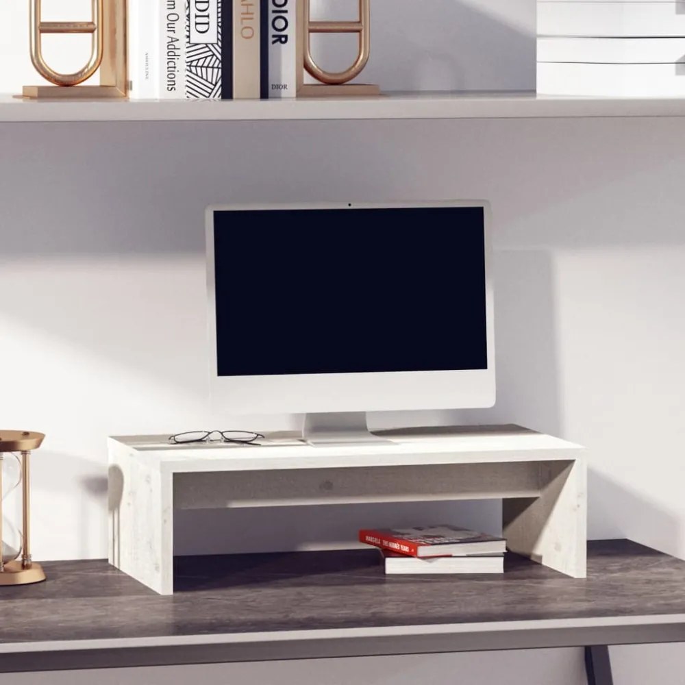 fehér tömör fenyőfa monitorállvány 50x27x15 cm