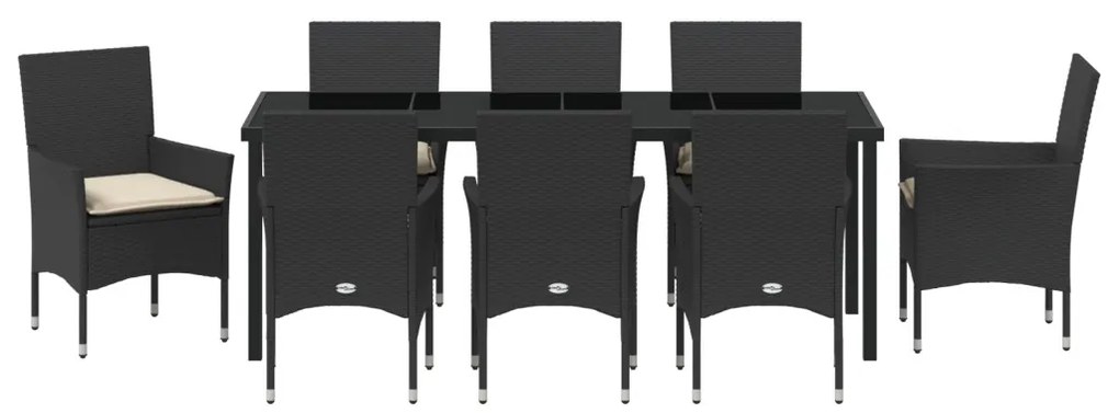 9 részes Kerti Étkezőszett Párnákkal Fekete Poli Rattan, Kerti Asztal Fekete 200x80x73 cm Edzett Üveg
