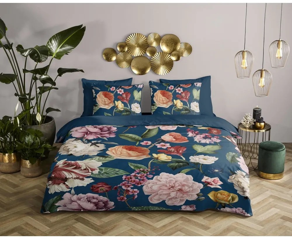 Sötétkék kétszemélyes-hosszabbított pamut-szatén ágyneműhuzat 200x220 cm Fiori – Descanso