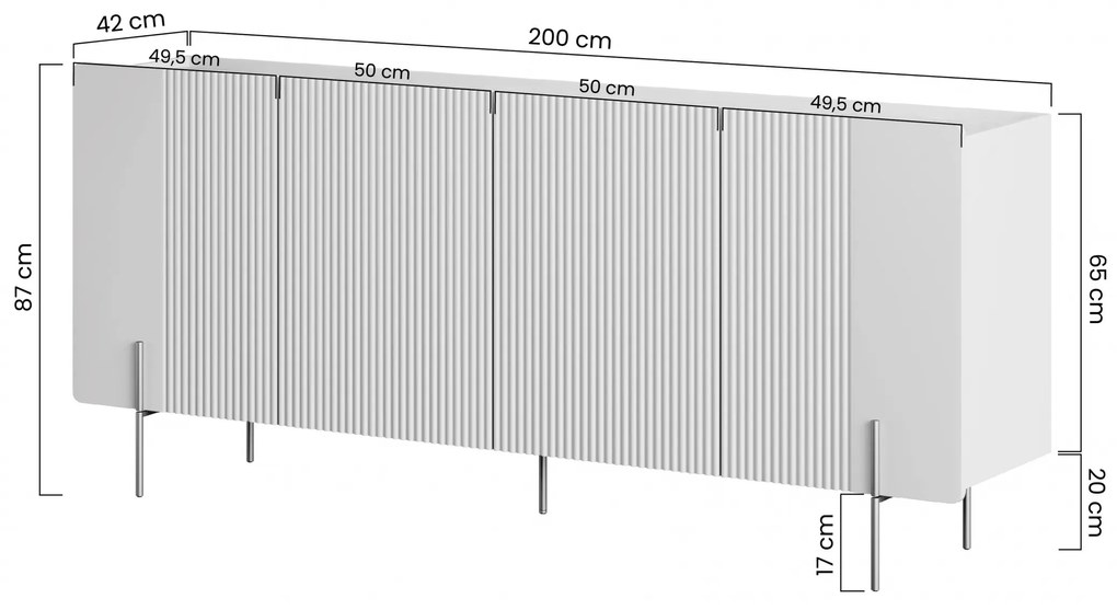 Malmi négyajtos komód fém lábakon - 200 cm - kasmír / krém bianca / fekete lábak