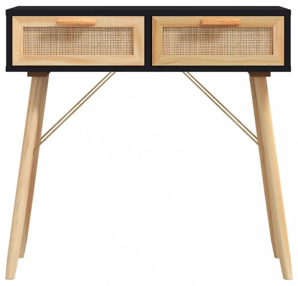 fekete tömör fenyő és természetes rattan tálaló 80x30x75 cm
