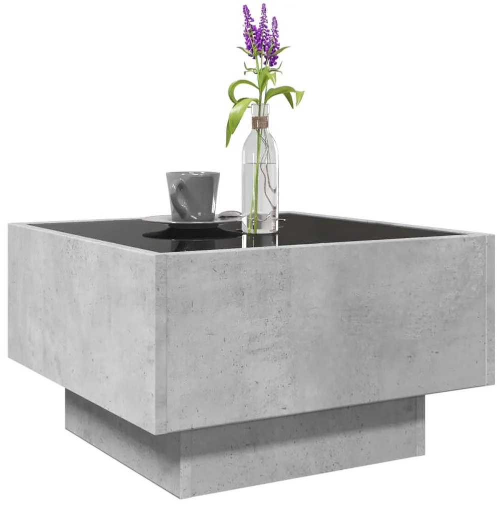 Betonszürke szerelt fa dohányzóasztal LED-del 50 x 50 x 30 cm