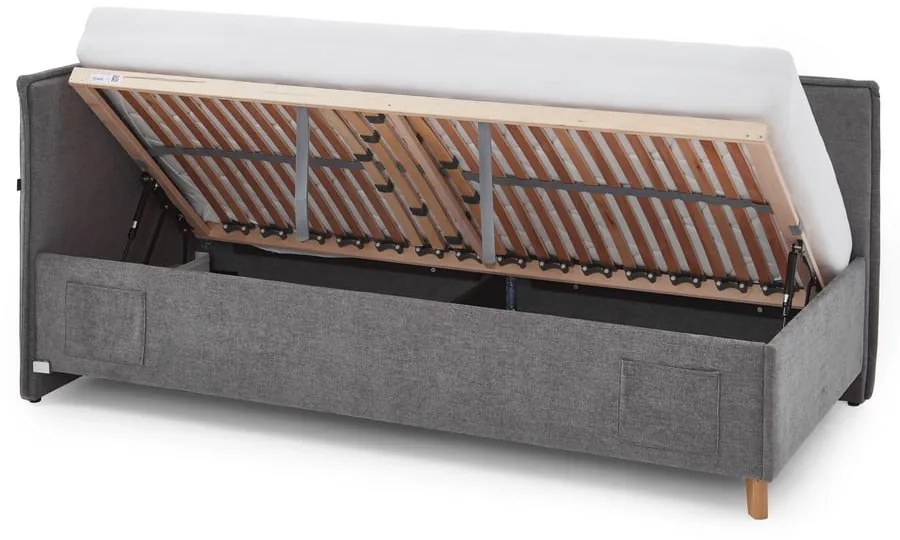 Szürke kárpitozott ágyneműtartós sarok gyerekágy ágyráccsal 90x200 cm Fun – Meise Möbel