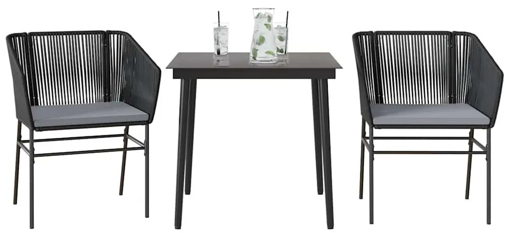 3 részes fekete polyrattan üveg kerti étkezőgarnitúra párnákkal