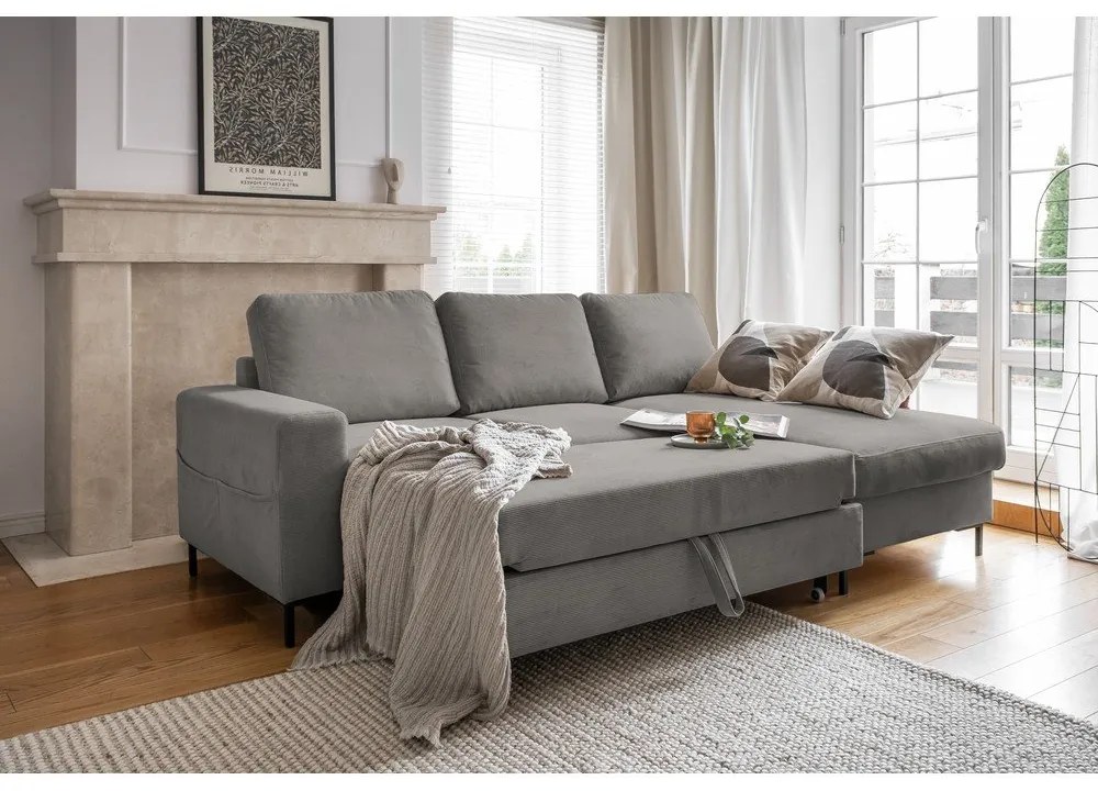 Szürke kordbársony kinyitható sarokkanapé (jobb oldali) Lofty Lilly – Miuform
