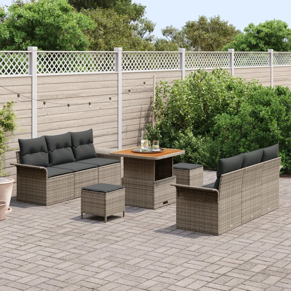 9 részes kerti kanapészett párnákkal szürke poli rattan, 2 személyes kerti kanapé párnákkal szürke poli rattan, 3 részes kerti étkezőszett párnákkal szürke poli rattan