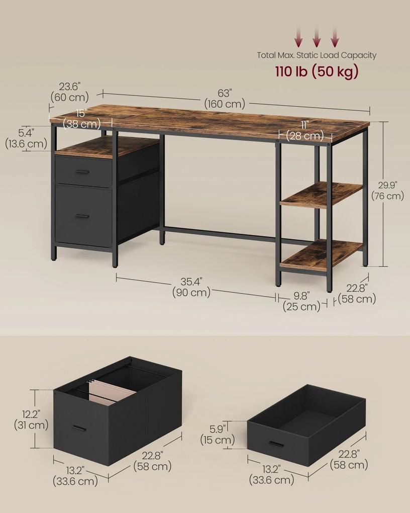 VASAGLE számítógépes íróasztal 2 fiókkal és 3 polccal, 160 x 60 x 76 cm, rusztikus barna és matt fekete