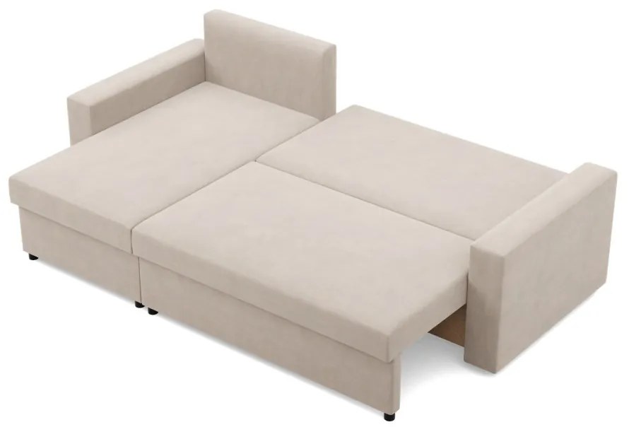 Zeus sarokkanapé, 2 ágyneműtartóval, egyenes kartámasz, bársony, univerzális oldal, bonell töltet, bézs