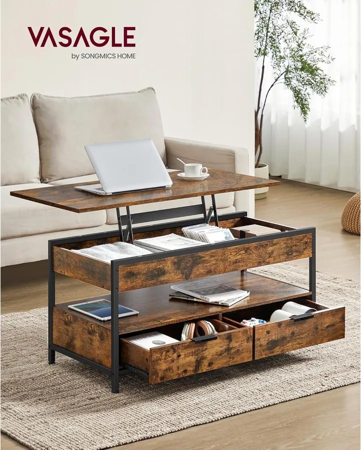 VASAGLE felnyitható dohányzóasztal 2 fiókkal, 3 rejtett rekesszel és polccal, 100 x 50 x 48–63 cm, rusztikus barna/tintafekete