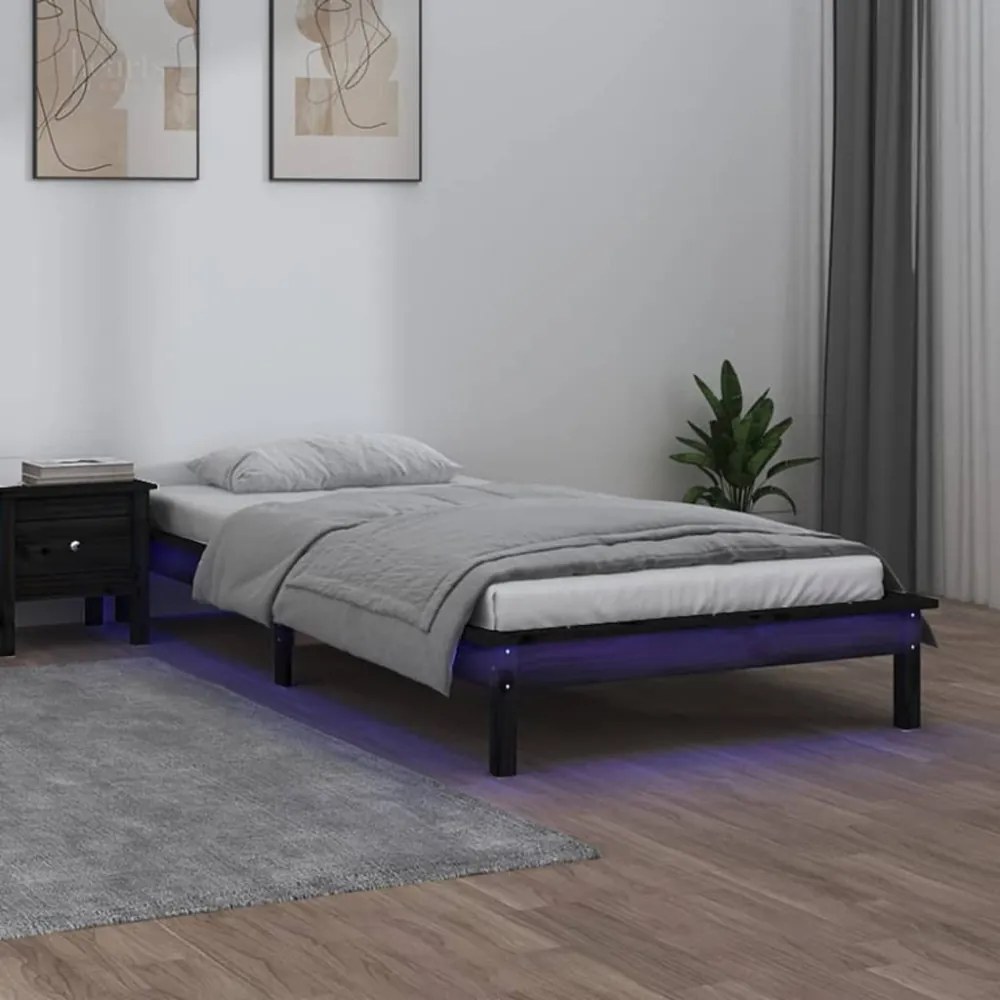 fekete tömör fa ágykeret LED-világítással 90 x 200 cm