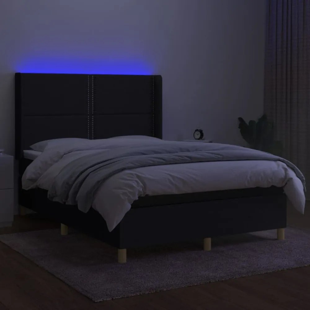 fekete szövet rugós és LED-es ágy matraccal 140x190 cm