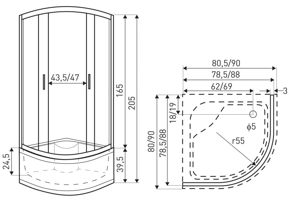 Madera 80x80x165 íves zuhanykabin tálca nélkül