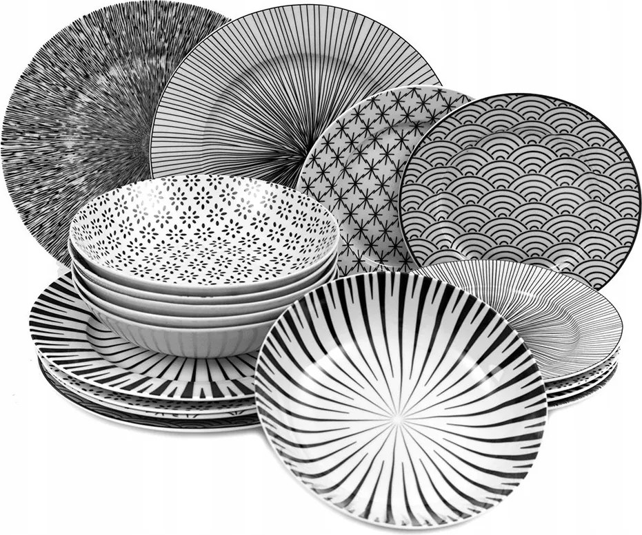 Kerámia Étkezőgarnitúra Fekete Fehér II Gat 6 Személyes 18EL Különböző Minták