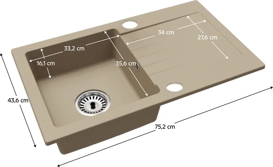 Gránit mosogató szifonnal és csepegtető felülettel, univerzális, bézs, 75,2x43,6, NOEL