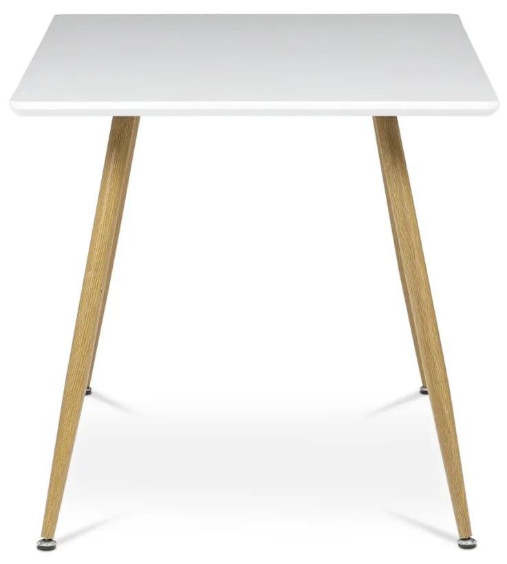 Masă de sufragerie 140x80, MDF, blat alb mat, picioare metalice de culoare stejar
