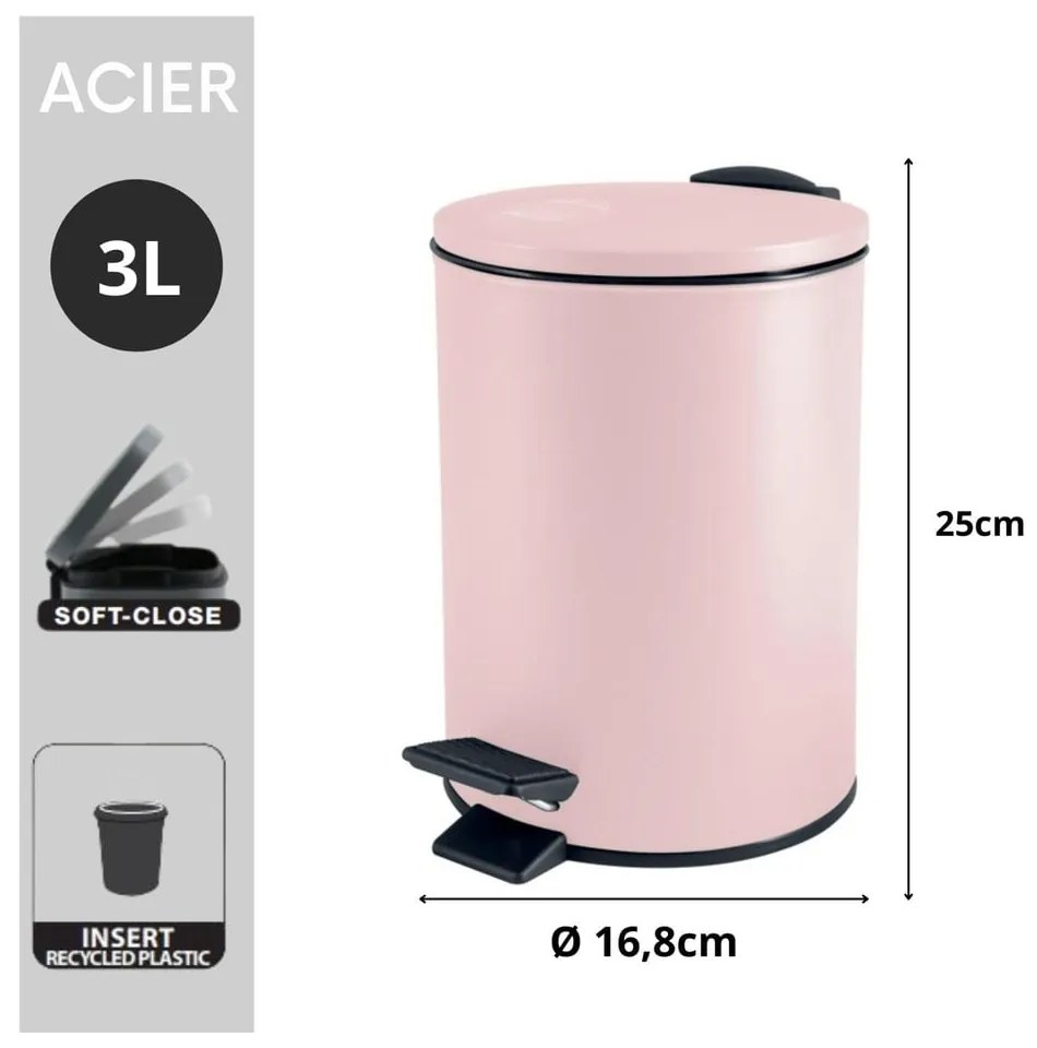 Rózsaszín acél pedálos szemetes 3 l Adelar – Spirella