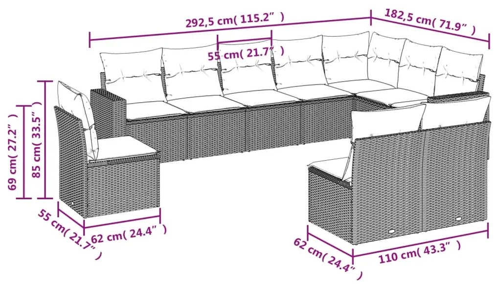 10 részes szürke polyrattan kerti ülőgarnitúra párnákkal