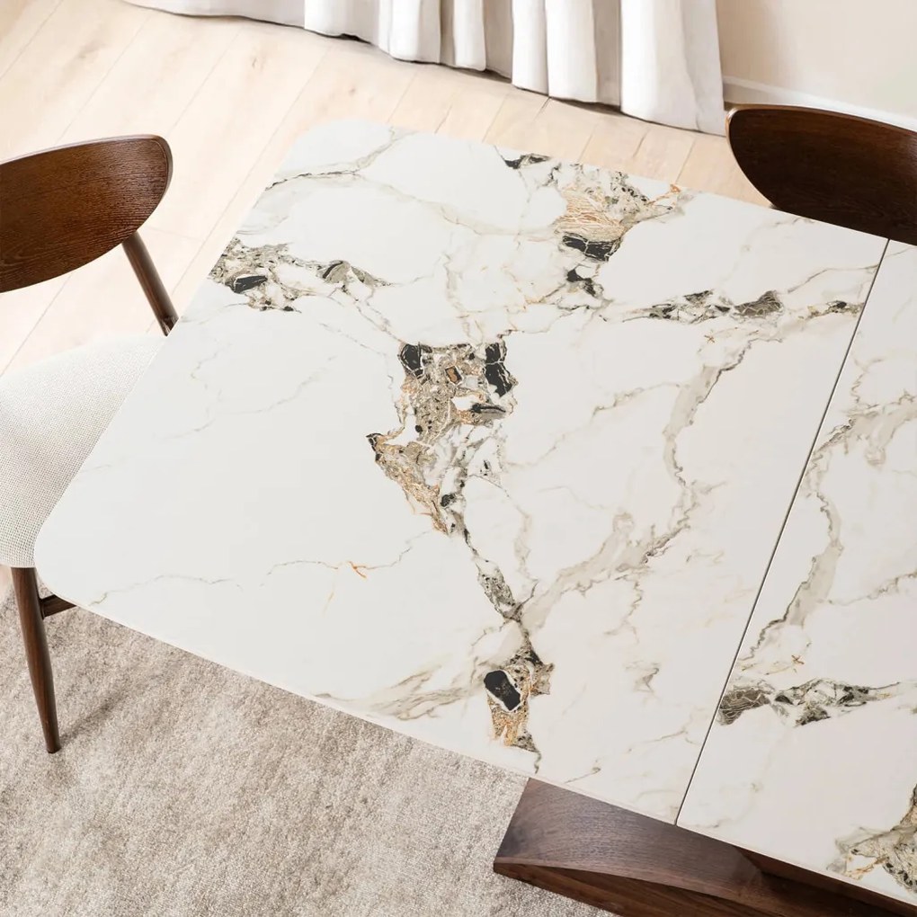 Bővíthető Márványhatású Kerámia Étkezőasztal Fehér/Dió Színben. ALICANTE 160-200 cm