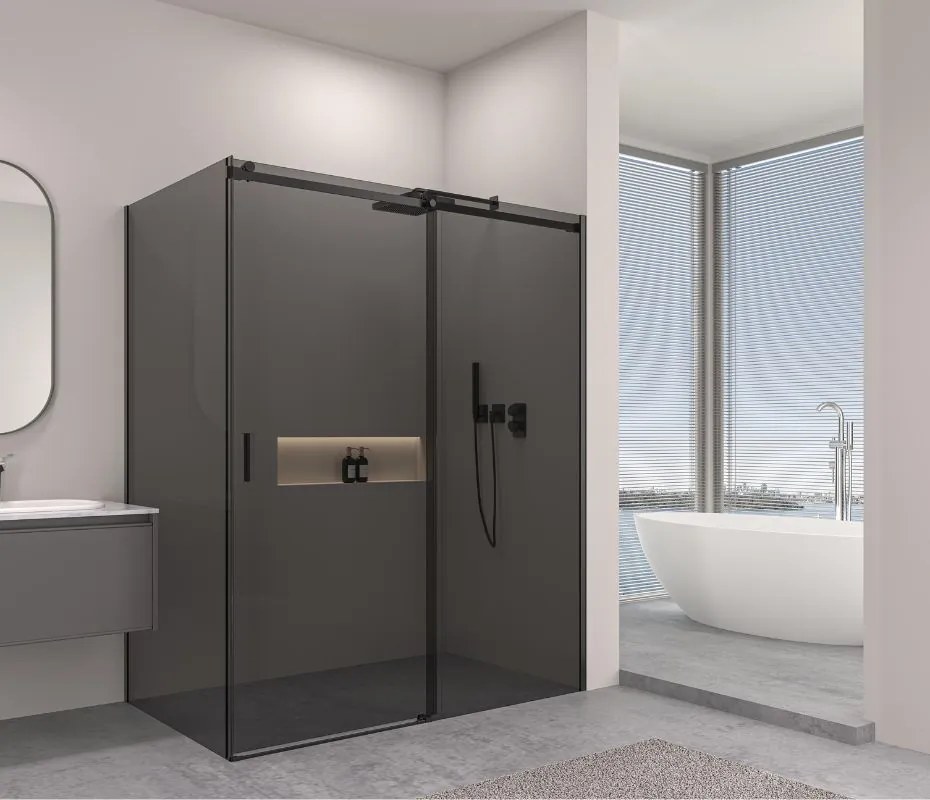 Erga Lynn, tolóajtós zuhanykabin 140 (ajtó) x 120 (fal) x 195 cm, 8mm szürke üveg, fekete profil, ERG-V02-LYNN-D140G120-GR-BK